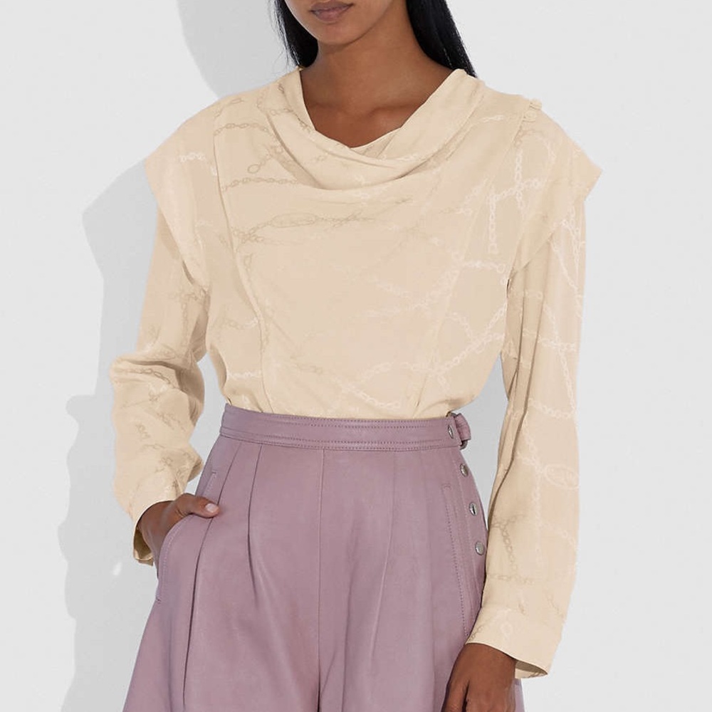 Coach 1941 Cream Satin Neutral Chain Jacquard Cowl Neck Long Sleeve Blouse Shirt